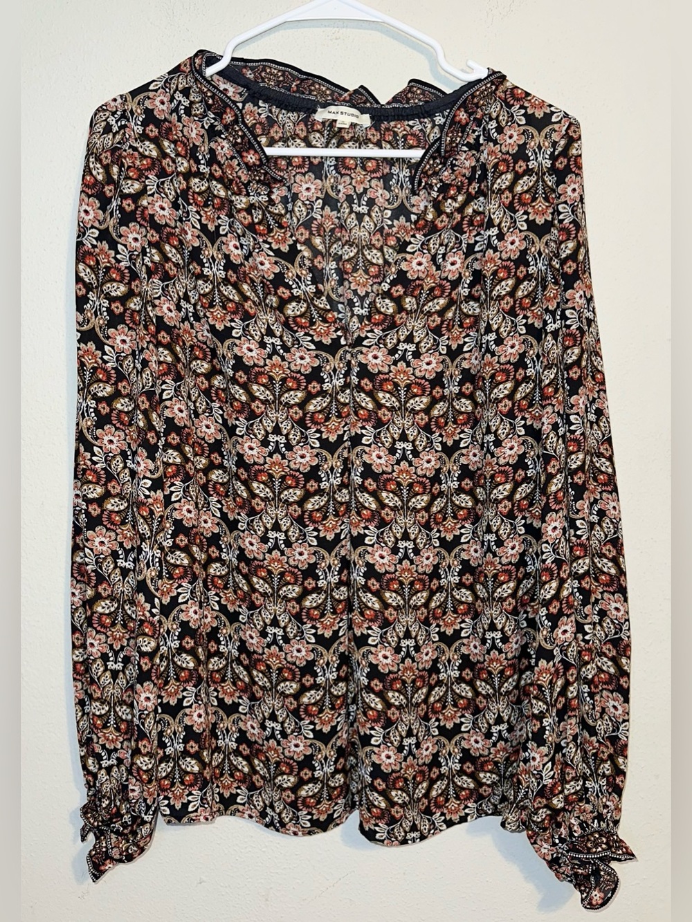 Max Studio Black and Floral Long Sleeve Blouse